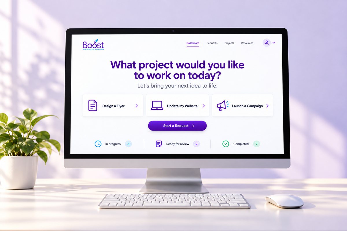 The Boost client portal on a desktop monitor — start a request and track its progress